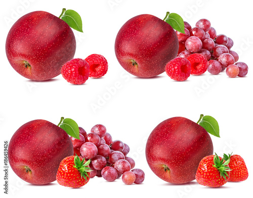 apple ,strawberries ,grapes and raspberry isolated on white background