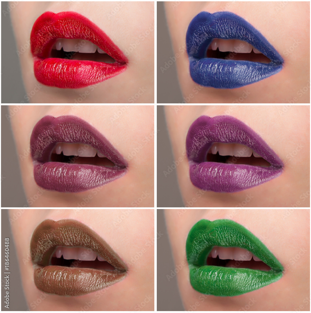 Obraz premium Collage with a picture of lips with lipstick in different colors