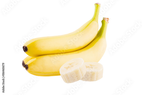 Three fresh banana slices on white background