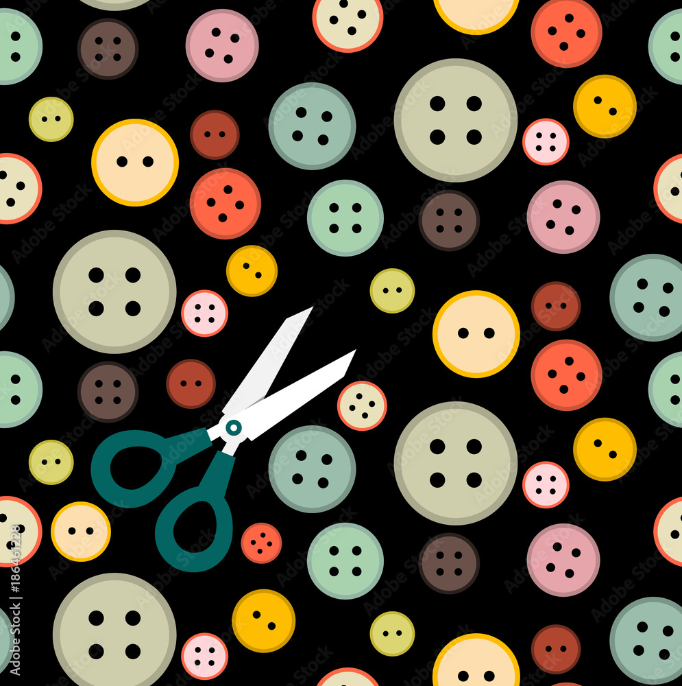 Buttons. Flat Design Seamless Pattern with Knobs and Scissors. Buttons. Flat Design Seamless Pattern with Knobs and Scissors.