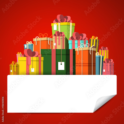Gift Box Pile on Red Background. Vector Present Boxes with Empty Sticker.