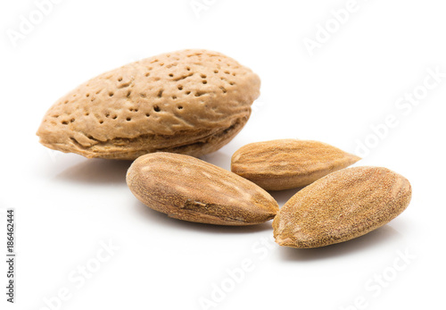 Almonds three shelled nuts and unshelled one isolated on white background.