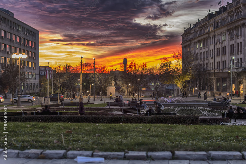 Belgrade, Serbia November 17, 2017: Belgrade park at sunset
