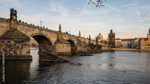 Sunny winter afternoon in Prague. Charles bridge and part of the Old Town shot from the river's left bank. Statues and people seen on the bridge, seagulls in and around the water. Softly illuminated.