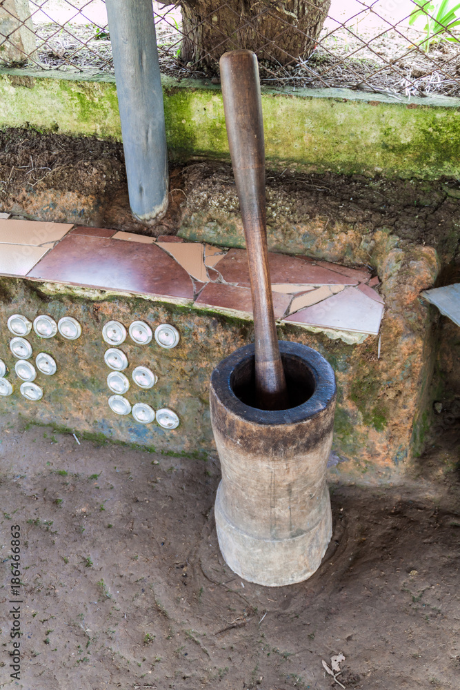 Pestle and mortar used for crushing the coffee beans in Sierra Maestra mountain range, Cuba Pestle and mortar used for crushing the coffee beans in Sierra Maestra mountain range, Cuba