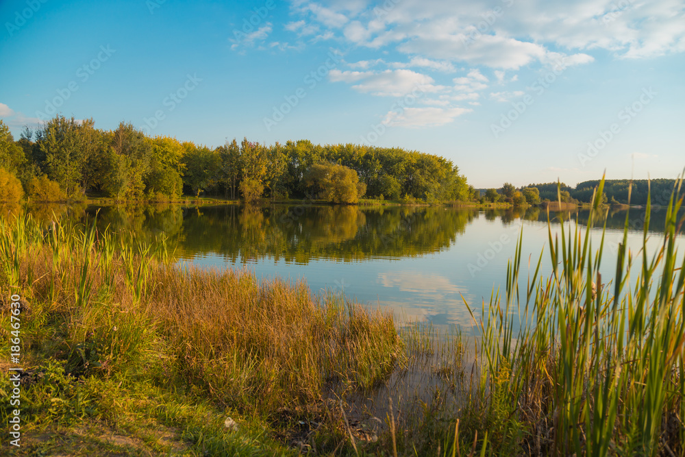 Beautiful scenery on the shore of the lake. Beautiful forest pond in Europe.Autumn landscape. Beautiful scenery on the shore of the lake. Beautiful forest pond in Europe.Autumn landscape.