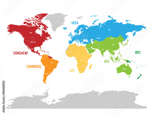 Fototapeta Naklejka Na Ścianę i Meble -  Map of world football, or soccer, confederations - CONMEBOL, CONCACAF, CAF, UEFA AFC and OFC