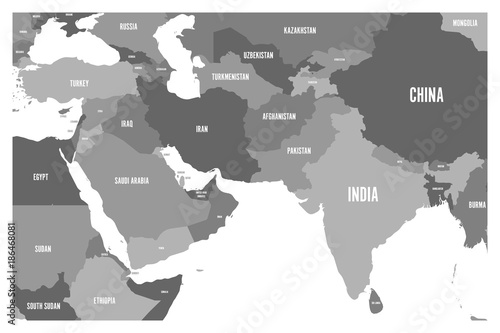 Political map of South Asia and Middle East countries. Simple flat vector map in four shades of grey.