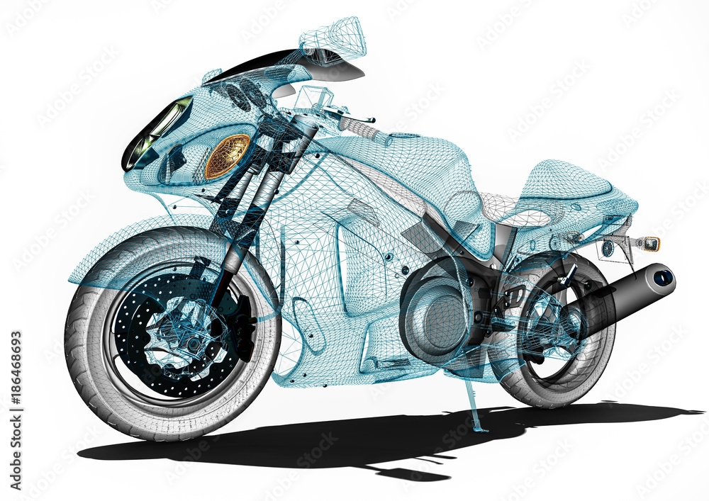 Naklejka premium Motorcycle development / 3D render image an motorcycle in wireframe representing motorcycle development. 