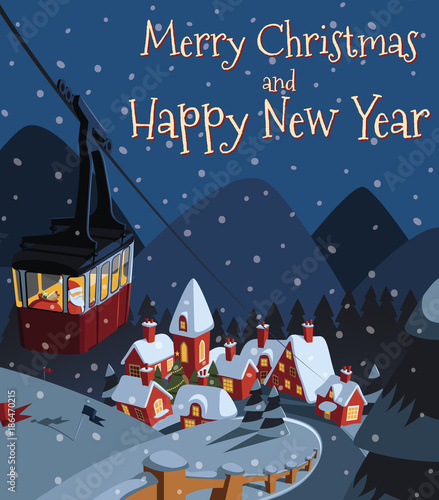 Santa Claus descends into the Christmas valley village in cable car