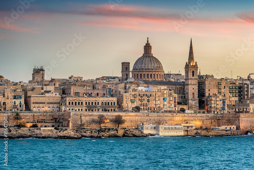 Valletta, Malta: skyline from Marsans Harbour at sunset