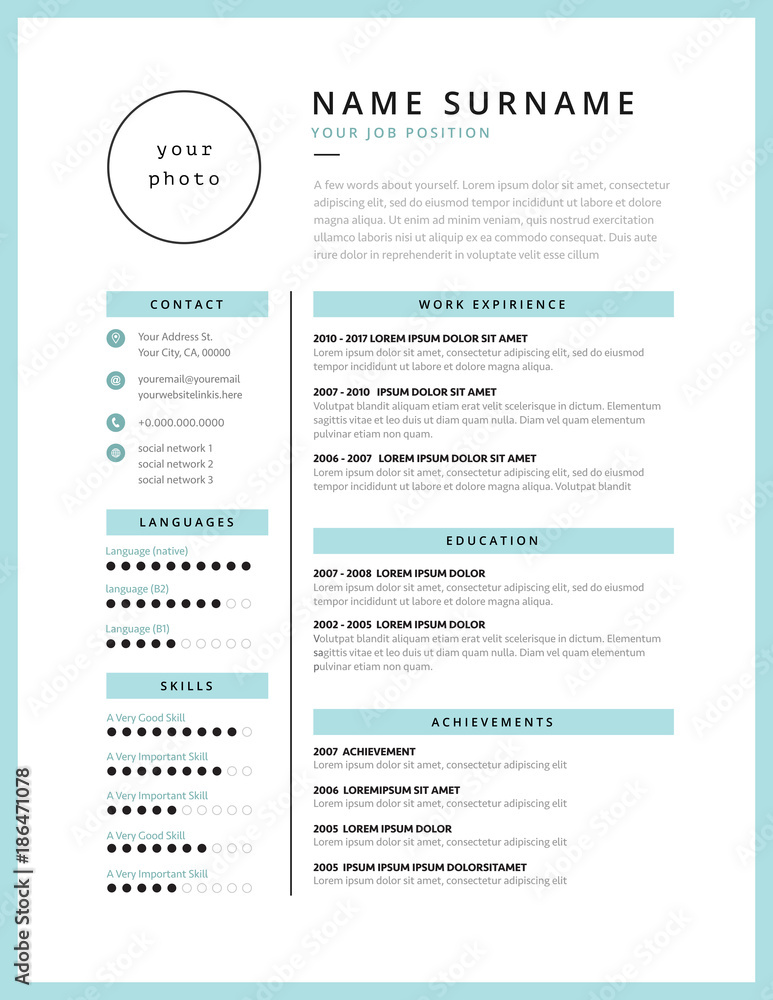 Stylish CV resume minimalist template mint color - vector