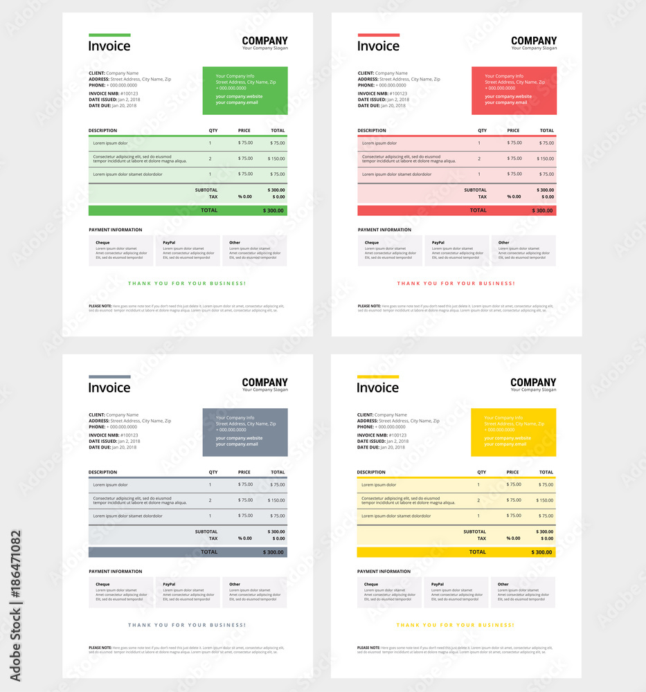 Invoice design template set - business company - green, red, blue color - vector templates