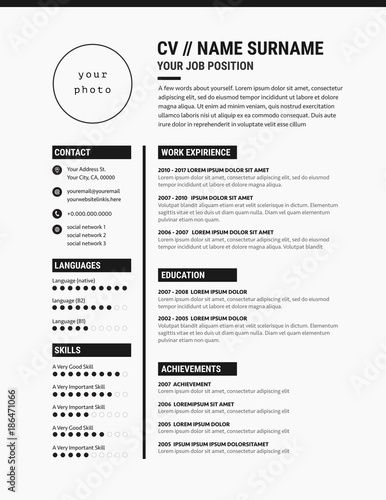 Elegant CV / resume template minimalist black and white vector