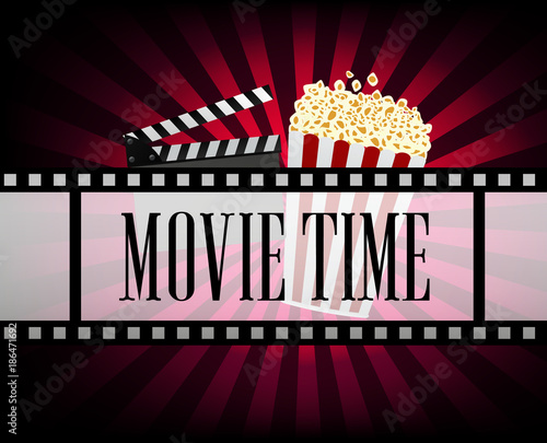 Realistic cinematograph elements of the film industry banner design. Movie Time. Vector illustration.