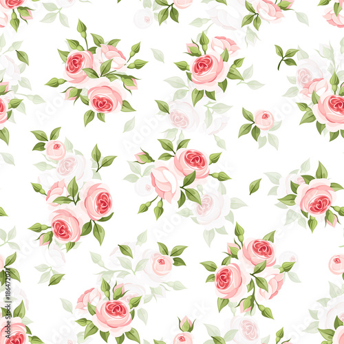 Vector seamless pattern with pink roses on a white background. © naddya