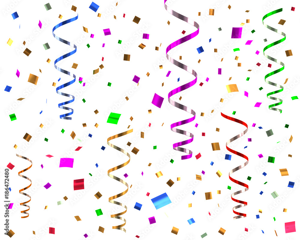 Party streamers and confetti 3d illustration