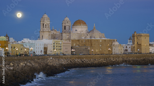 Full Moonrise Over the Cathedral Cadiz Spain