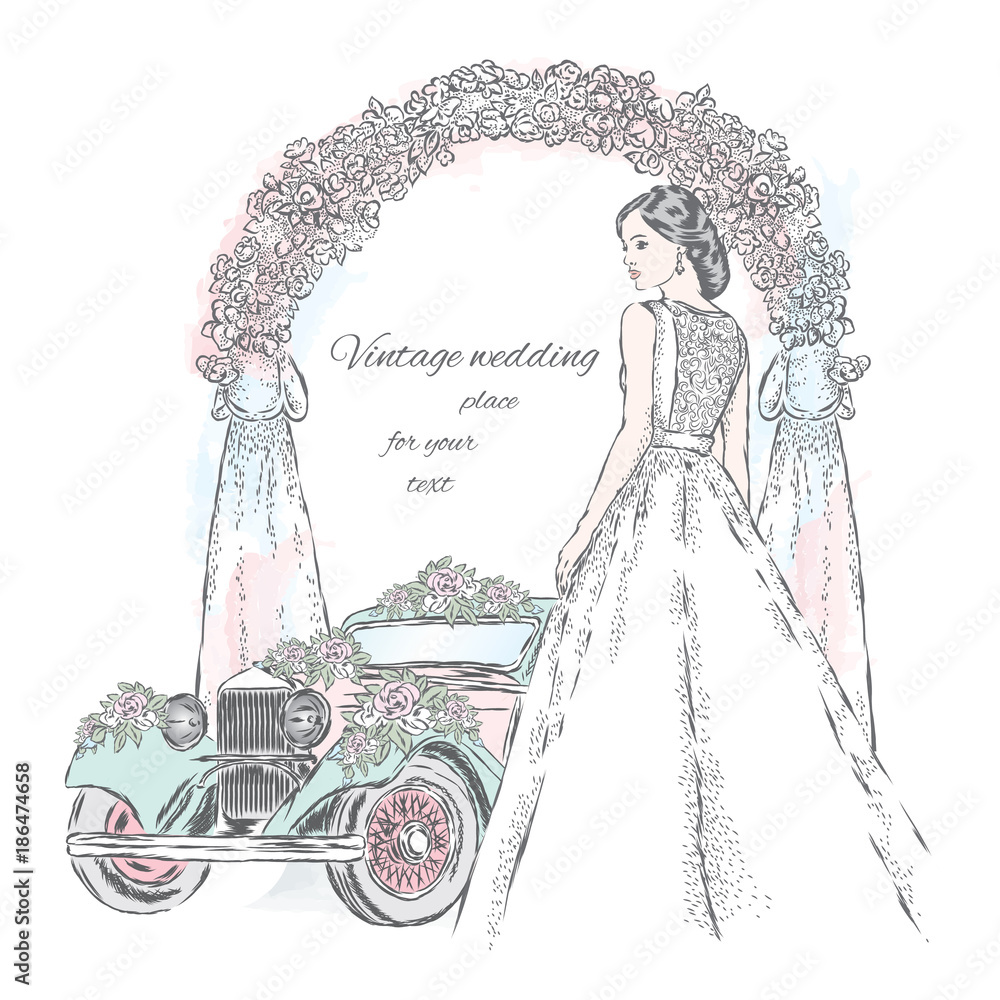 Bride in a beautiful dress and wedding car decorated with flowers on a  wedding arch background. Vector illustration for a postcard or a poster.  Celebration.... Stock Vector | Adobe Stock