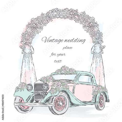 A wedding car decorated with flowers, against the background of a wedding arch. Vector illustration for a postcard or a poster. Celebration.