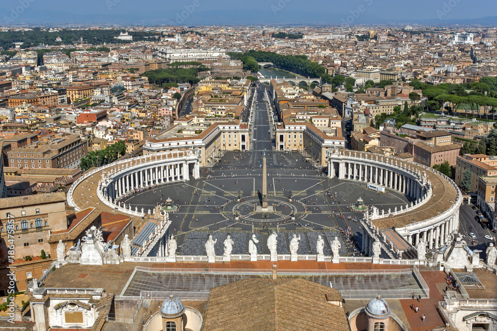 Amazing panoramic view to Vatican and city of Rome from dome of St. Peter's Basilica, Italy
