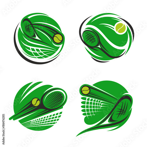 Tennis sport symbol with ball, racket and net
