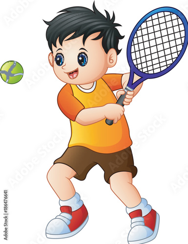 Cute little boy playing tennis on a white background