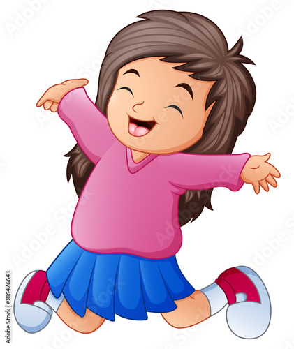 Cartoon happy little girl raising her hands