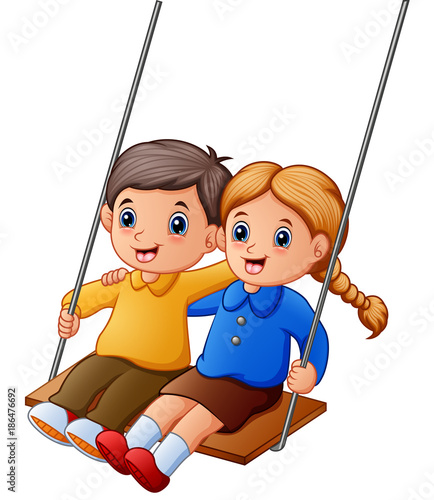 Cartoon kids playing swings on white background