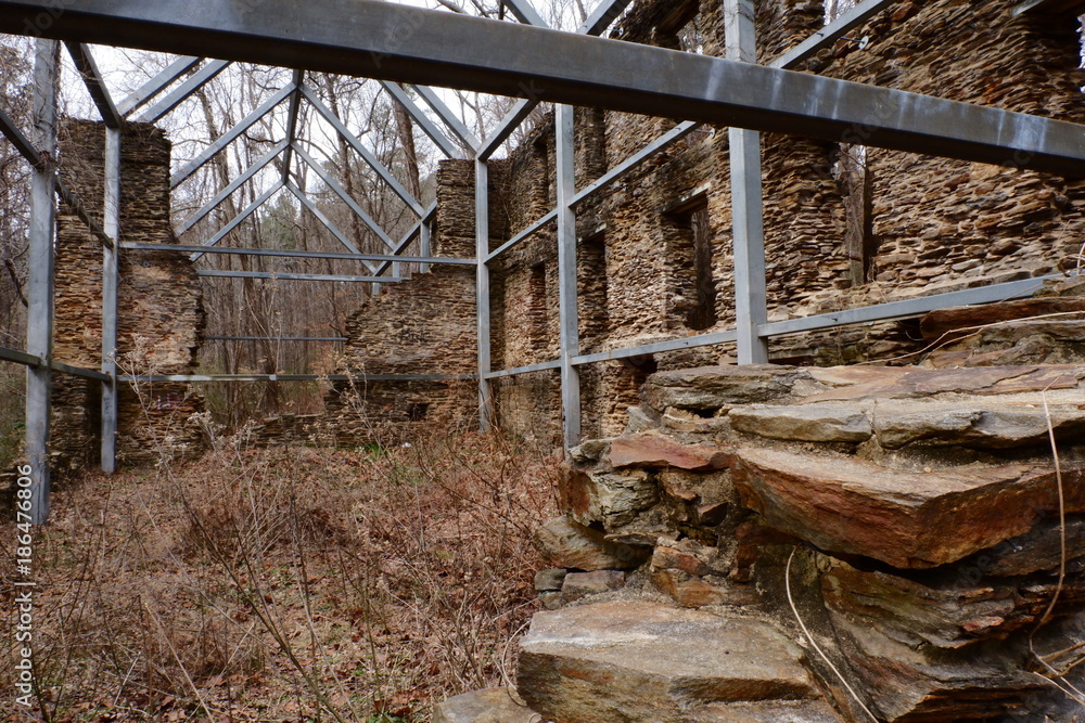 Civil War era factory ruins at the end of a trail. Civil War era factory ruins at the end of a trail.
