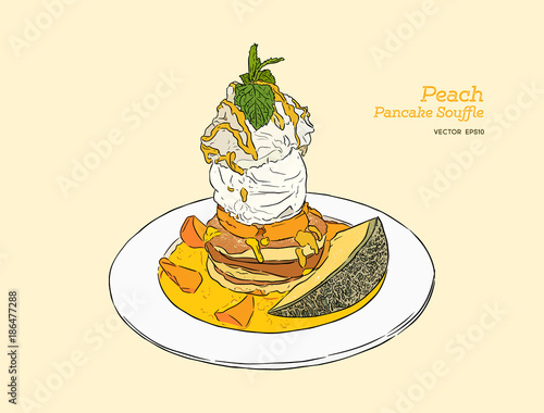 peach pancake with vanilla ice-cream, hand draw vector.