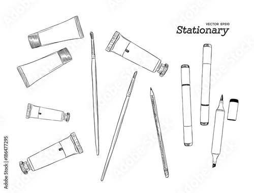 Hand drawn art tools and supplies set. Vector doodle illustration.