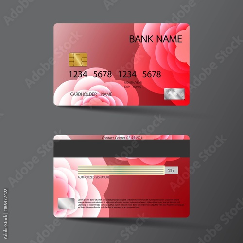 Modern credit card template design. With inspiration from the abstract. Two sided red color on the gray background. Vector illustration. Glossy plastic style.