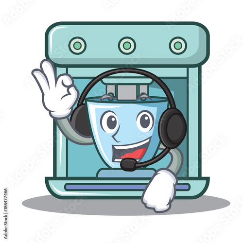 With headphone coffee maker character cartoon