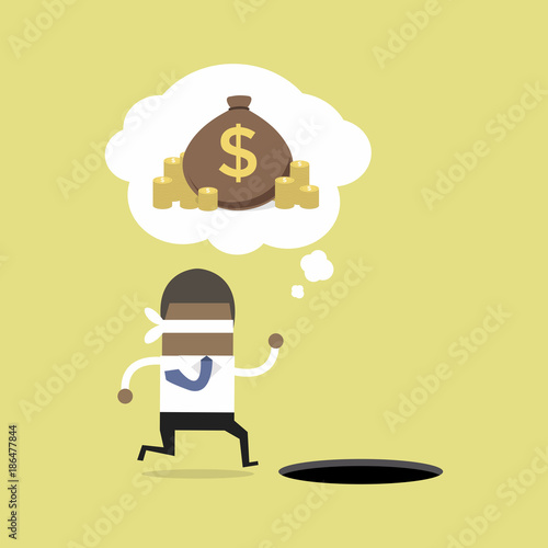Blindfolded African businessman running to find money with pit hole. vector