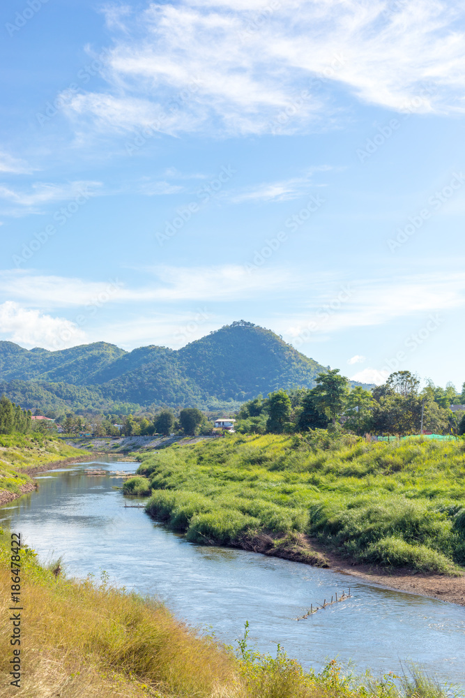 Beautiful landscape of Loei River and mountains name is Phu Bo Bit in Loei, Thailand
