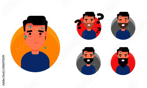 Set of Sweating Guy Worried and Tired