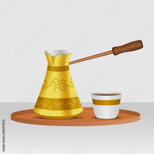 Traditional Turkish Cezve Coffee Pot Brewing Equipment and Fincan Cup on The Circle Serving Tray Vector Illustration for Cafe and Ottoman Turkish Culture and Tradition Related Design