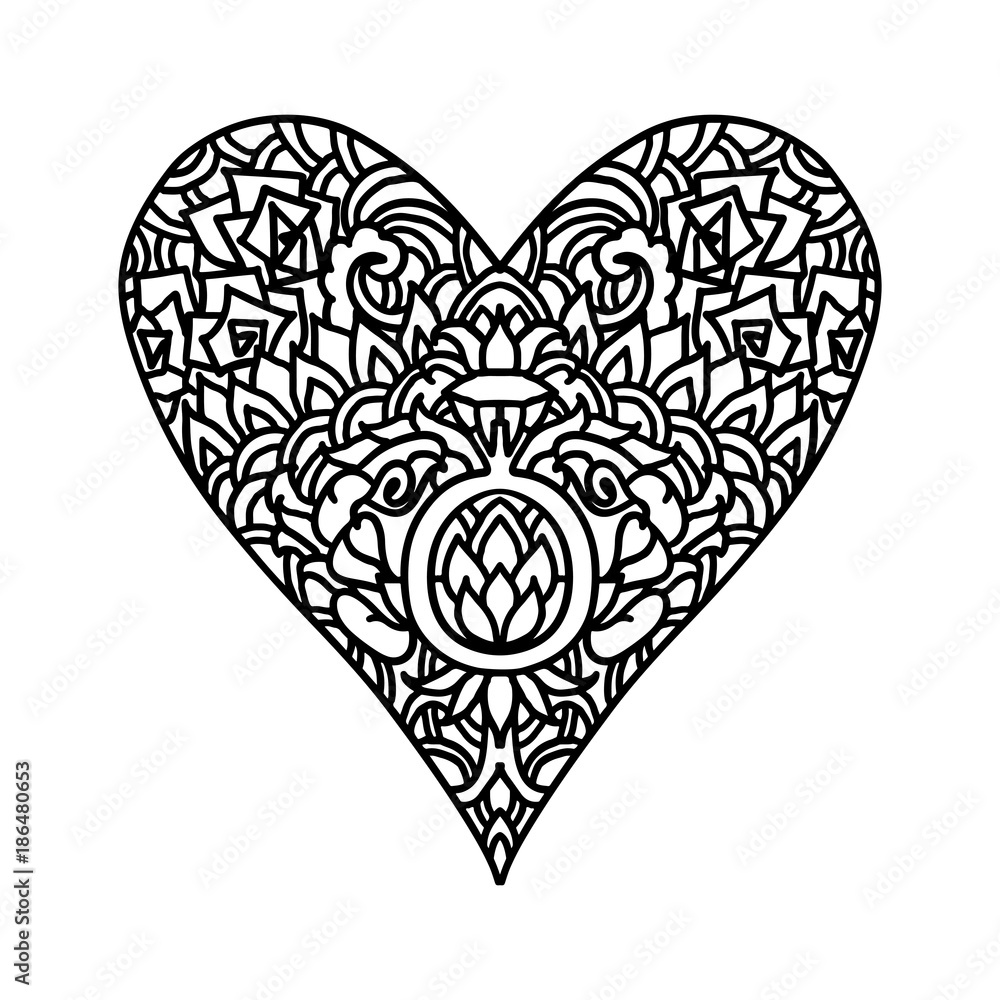 Handdrawn zentangle heart. Mandala style design for St. Valentine day cards. Coloring book pattern. Vector black and white doodle illustration. Handdrawn zentangle heart. Mandala style design for St. Valentine day cards. Coloring book pattern. Vector black and white doodle illustration.
