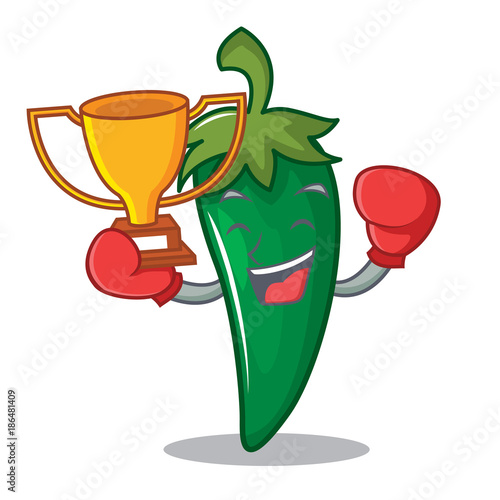 Boxing winner green chili character cartoon