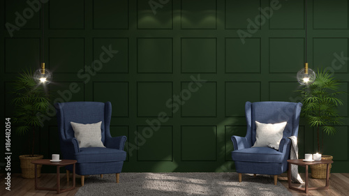 Blue armchair in front of green wall white lamp and sideboard in vintage empty room 3d rendering luxury living room modern mid century room interior