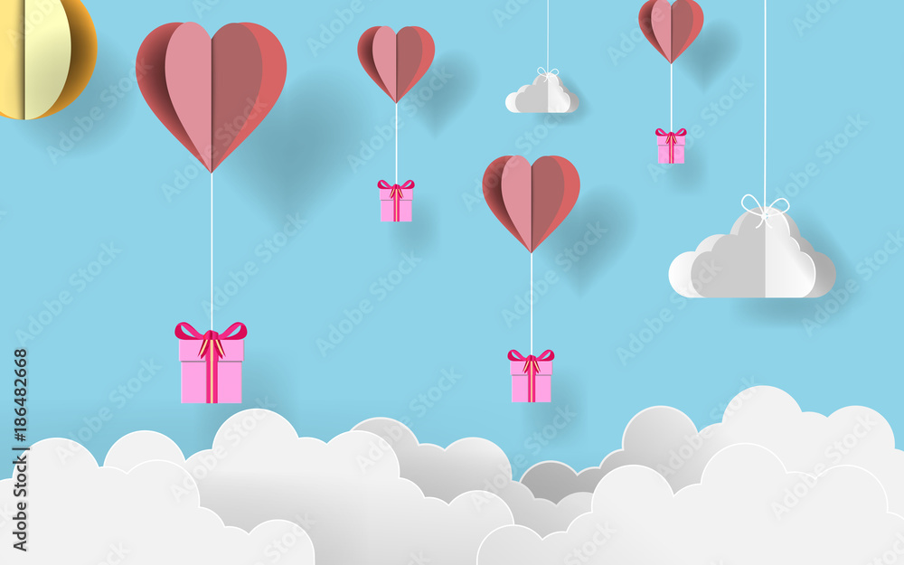paper art valentine's day. Paper origami gifts flying with origami paper heart balloons in candy blue sky. vector illustration. EPS 10