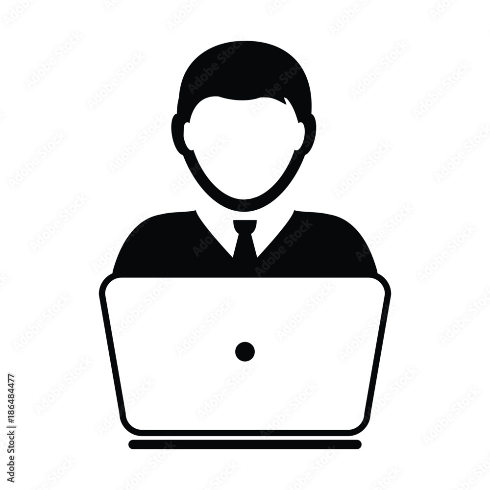 User Icon Vector With Laptop Computer Male Person Profile Avatar for Business and Online Communication Network in Glyph Pictogram Symbol illustration