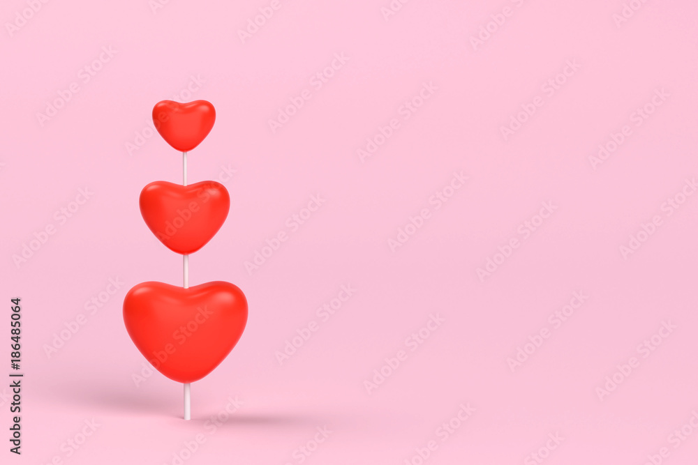 three different size red heart on left hand side in pink background. valentine day concept. minimal style concept