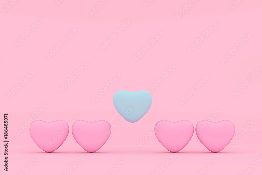 four pink heart put on the pink background have light blue heart in a middle.  valentine day love concept. minimal style concept