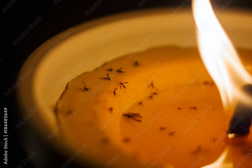A lighted mosquito candle closeup with a burning wick and stuck