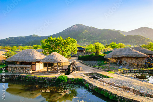 Beautiful green in spring morning of Naganeupseong Folk Village in Suncheon, A Traditional Hanok Village in South Korea.