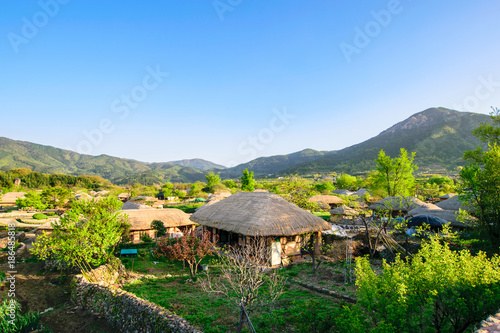 Beautiful green in spring morning of Naganeupseong Folk Village in Suncheon, A Traditional Hanok Village in South Korea.