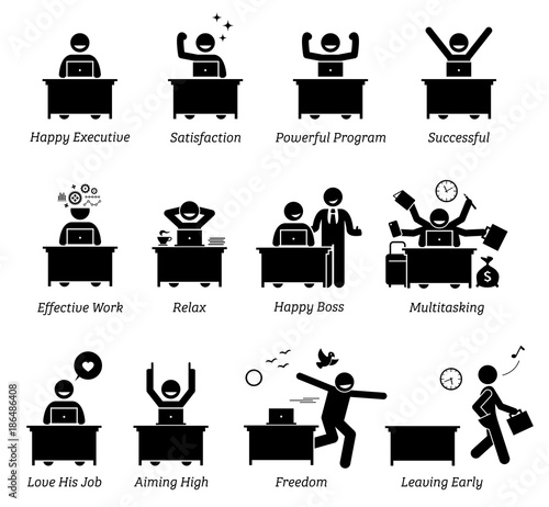 Executive working in an efficient office workplace. The worker is happy, satisfied, successful, and enjoying the works. The businessman feels relax, in control, and has freedom over his job. 