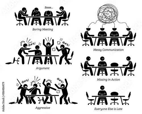Executives having ineffective and inefficient meeting and discussion. The businessmen have a boring meeting, messy communication, argument, and a fight. Business partner is also late for the meeting.